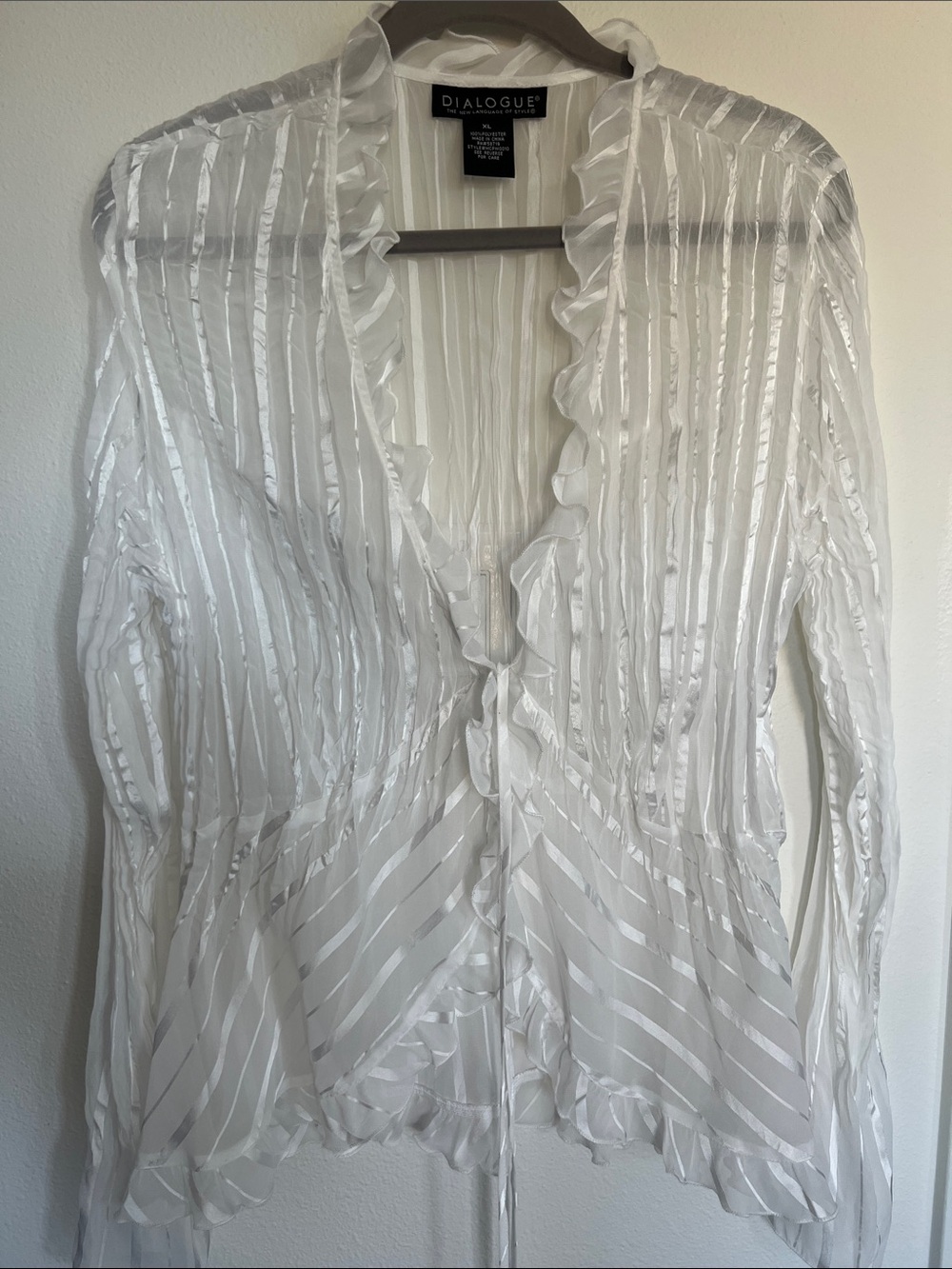 Dialogue White Sheer Striped Ruffle Tie-Front Blouse